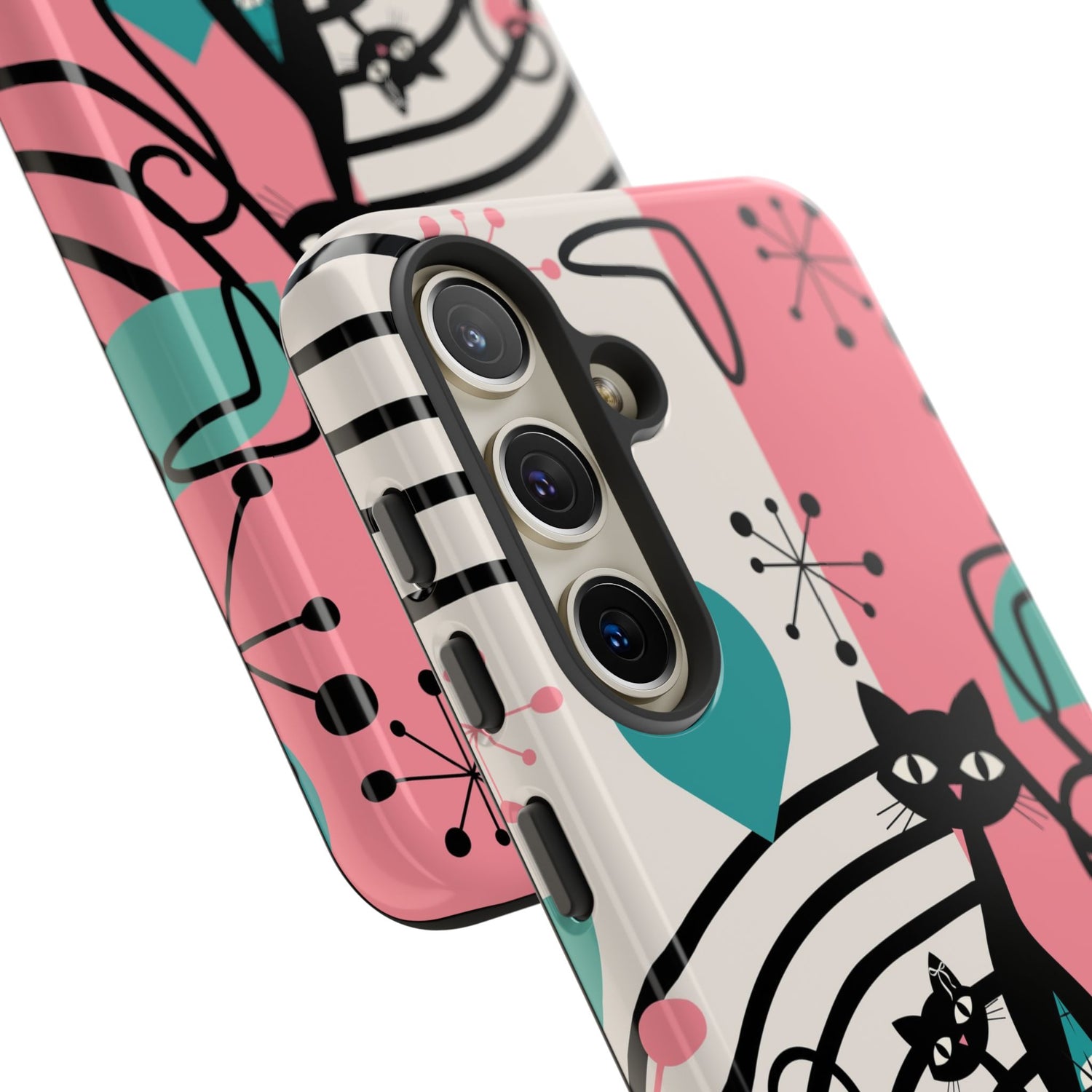 Mid Mod Atomic Cat Boomerang Starburst, Pink, Black Kitschy Stylish Cat Phone Case: Modern Design for Cat Lovers