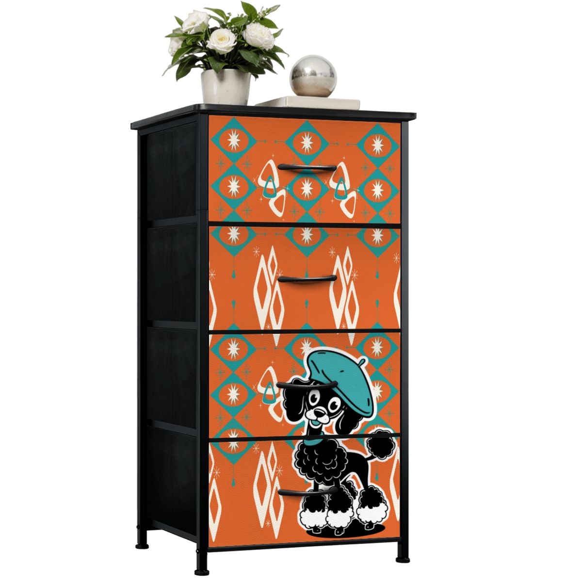 Atomic Orange Starburst Diamonds, Teal Mid Century Modern Kitschy Mod Poodle 4-Drawer Dresser - Mid Century Modern Gal