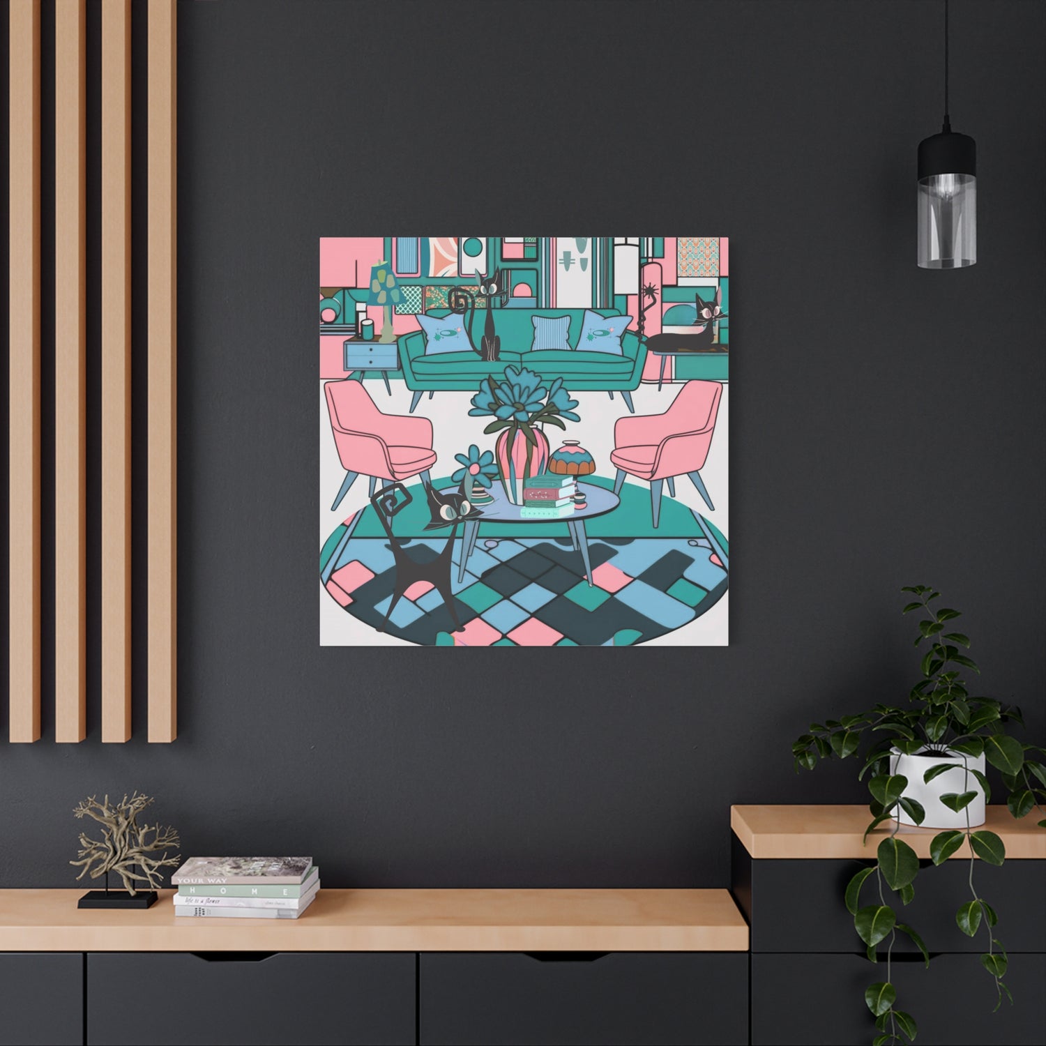 Atomic Cat Mid Century Modern Wall Art Colorful Cat-Themed Canvas Art - Mid Century Modern Gal