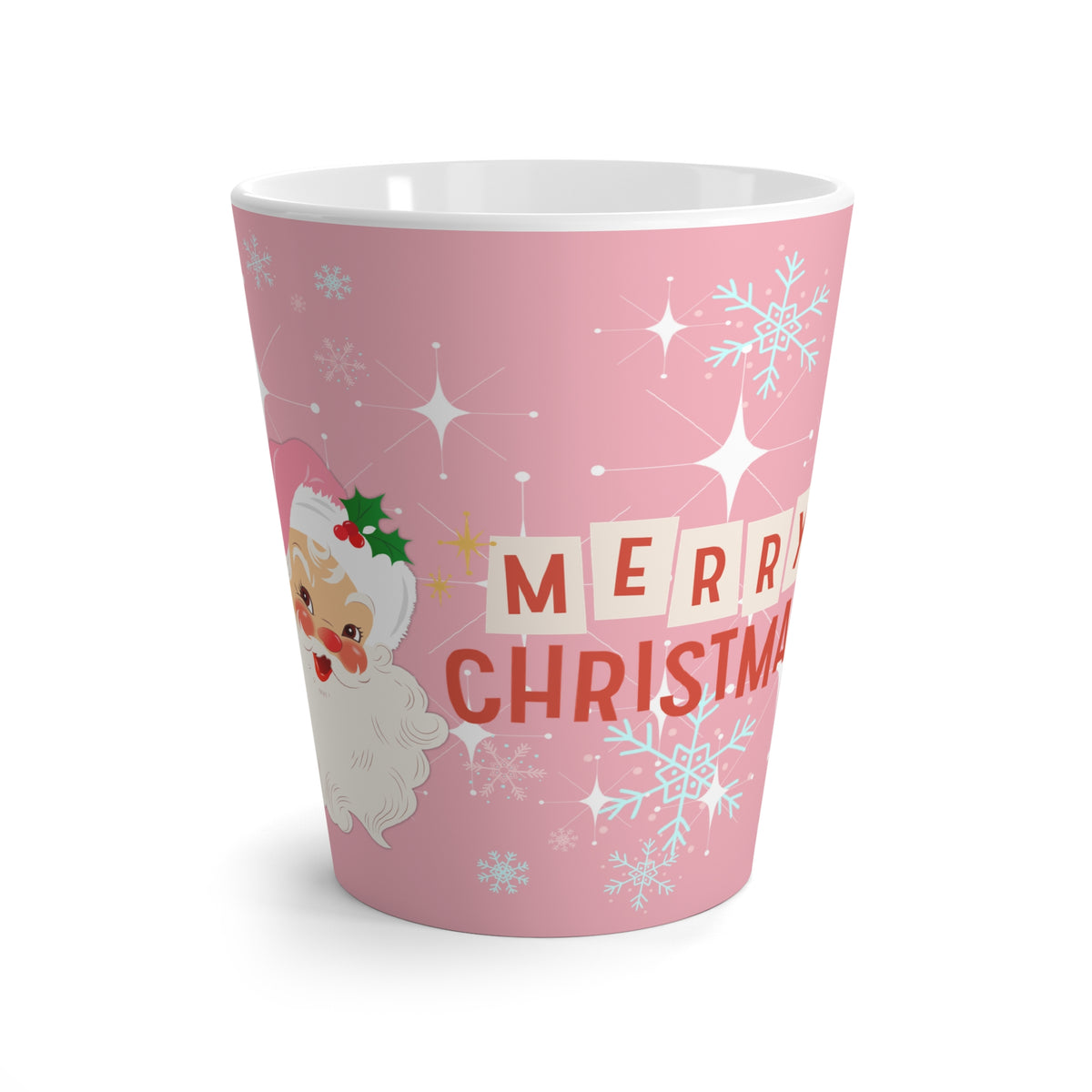 Smiling Vintage Santa, 50s Kitsch Pink, Santa Mid Century Modern Latte Mug - Mid Century Modern Gal