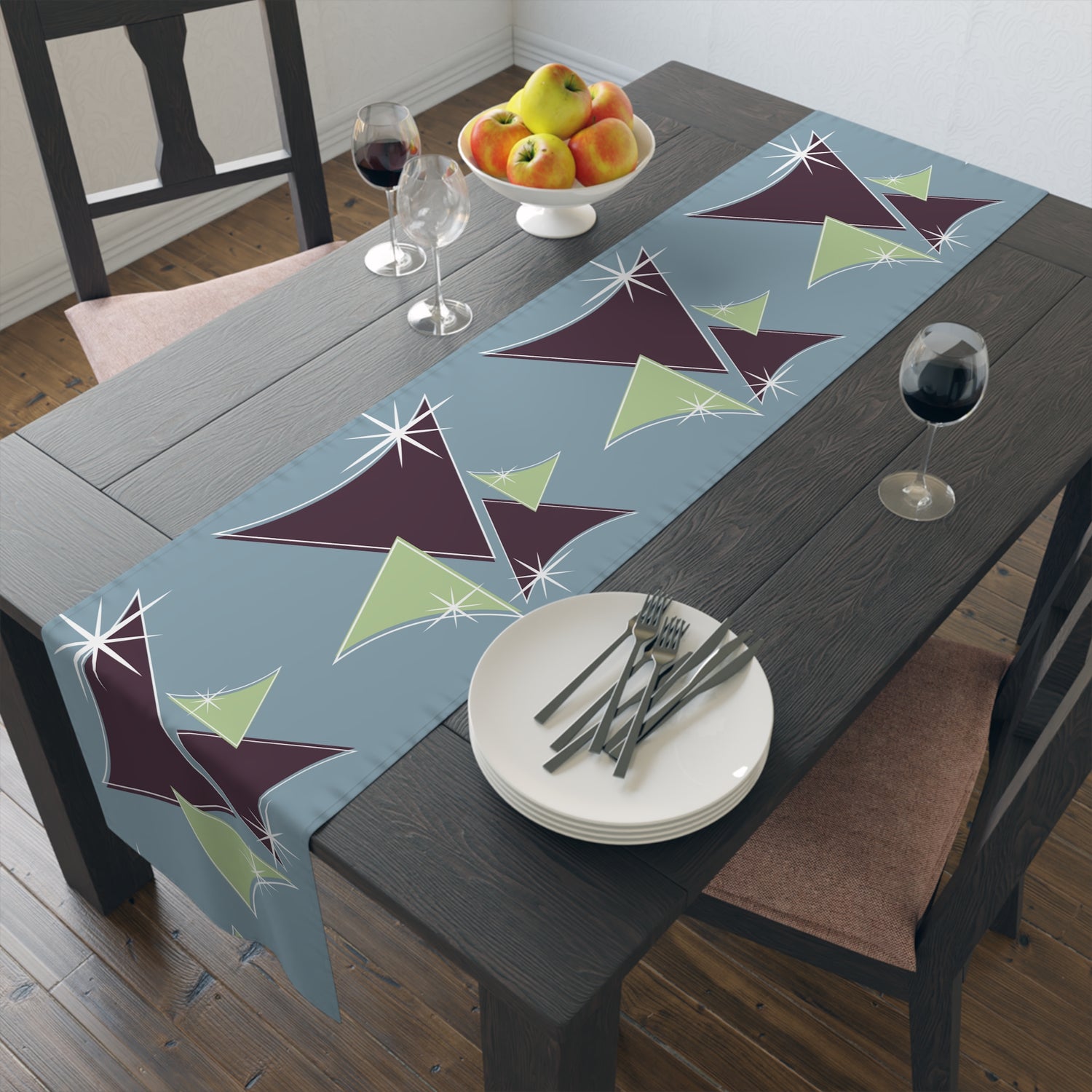 Mid Century Modern Table Runner Indigo Blue, Purple Green Retro Table Linens - Mid Century Modern Gal