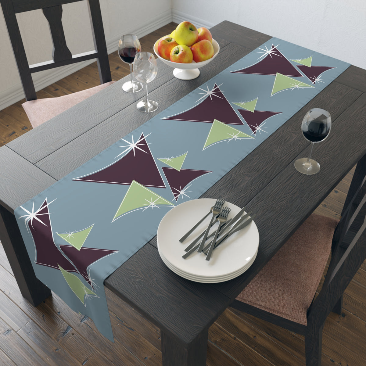 Mid Century Modern Table Runner Indigo Blue, Purple Green Retro Table Linens - Mid Century Modern Gal