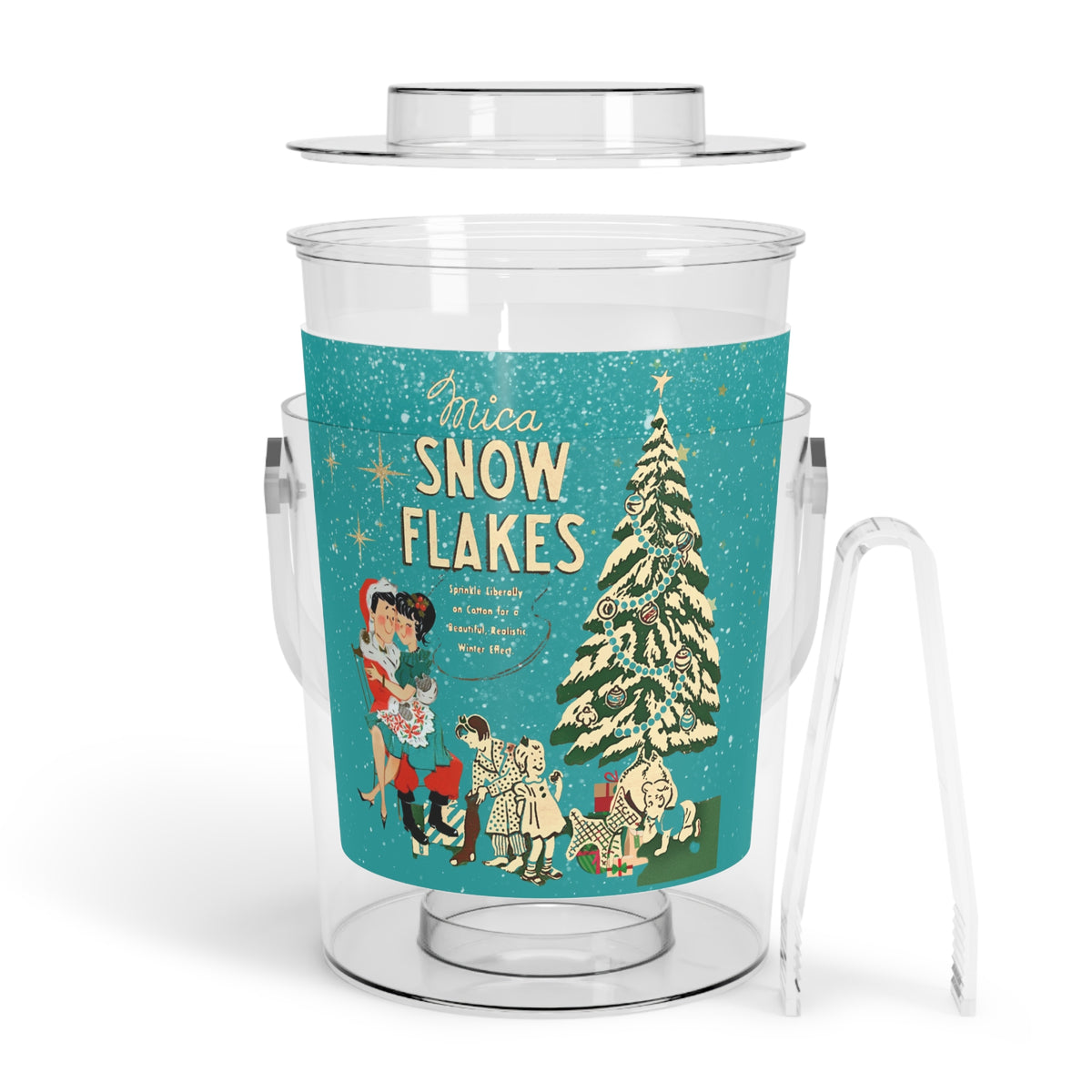 Mid Century Modern 50s Kitschy Christmas, Mica Snow, Holiday Kitsch Ice Bucket with Tongs By MCM GAL - Mid Century Modern Gal
