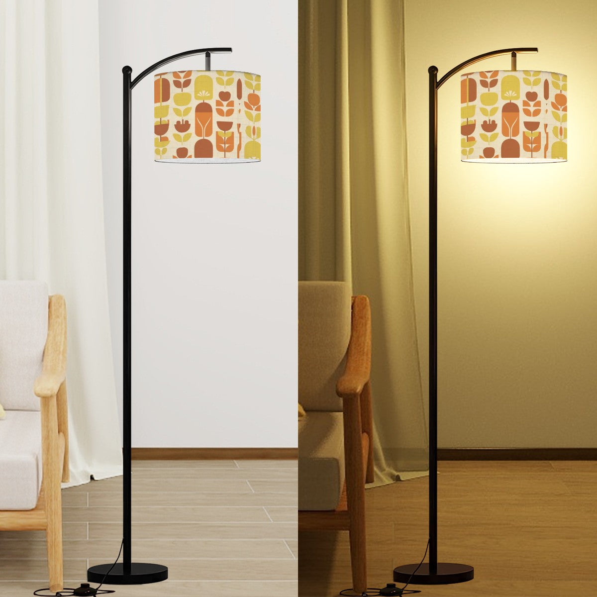 Scandinavian Nordic Modern Floral Orange Yellow Mid Mod Arc Floor Lamp - Mid Century Modern Gal