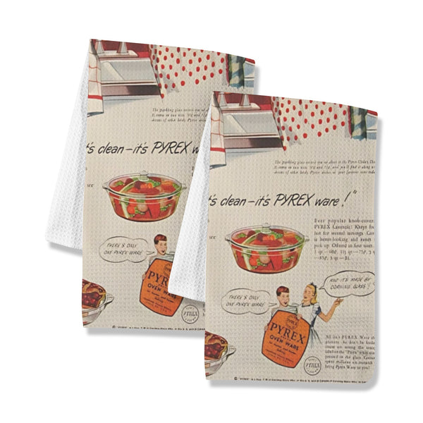 Vintage Pyrex Kitchen Dish Towels, Retro Pyrex Ad