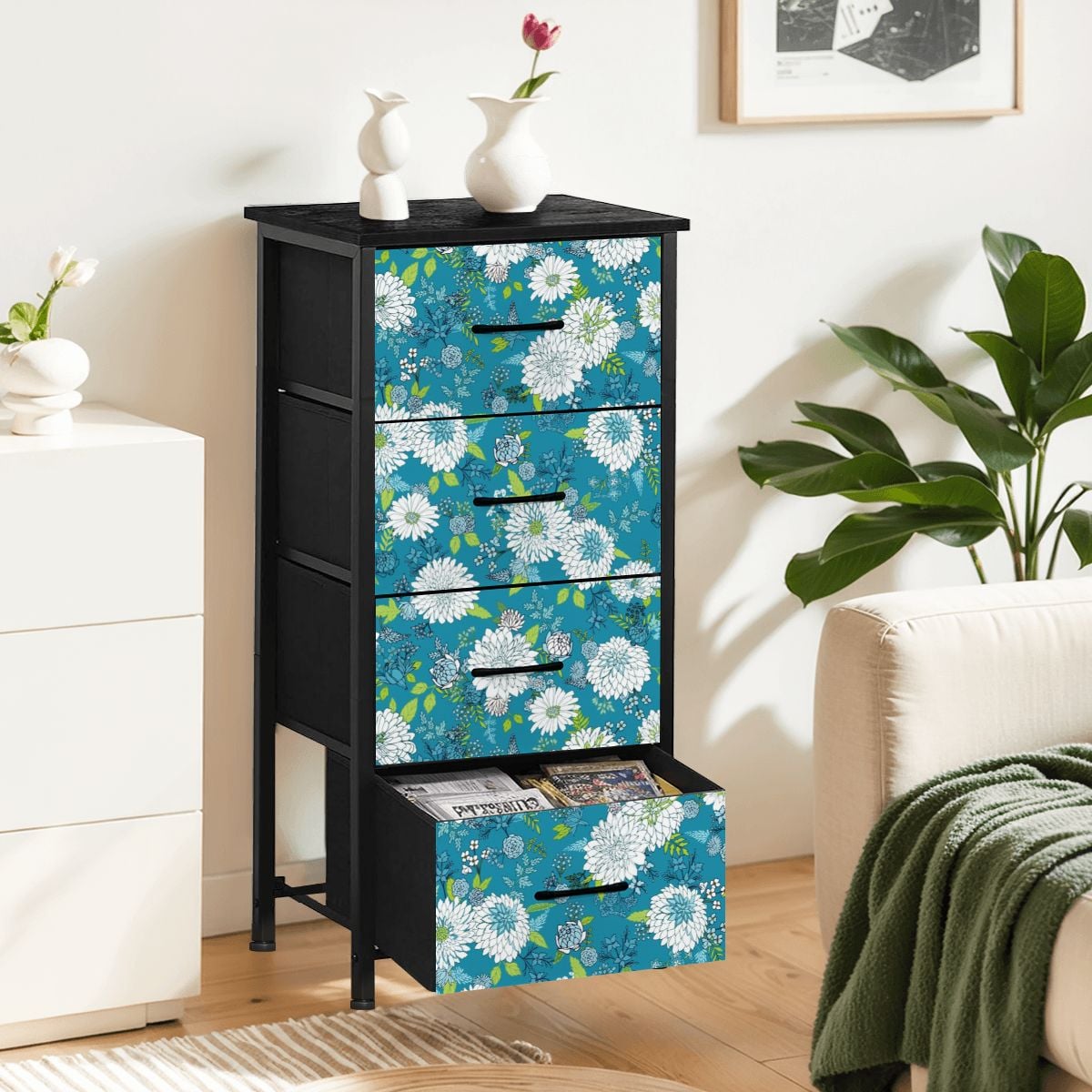 Chinoiserie Floral Teal Green White Elegant 4-Drawer Dresser - Mid Century Modern Gal
