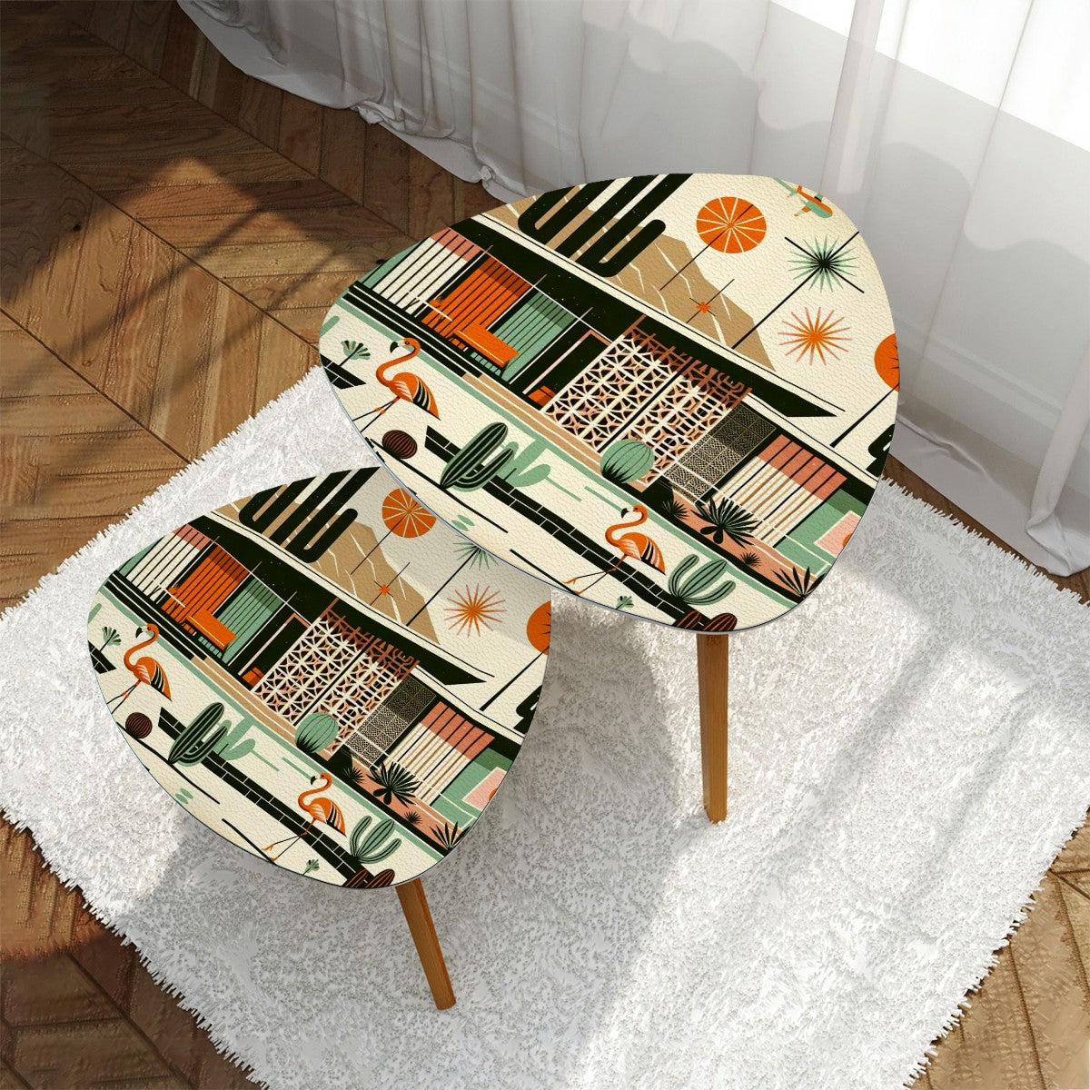 Palm Springs California MCM Home, Kitschy Flamingos Retro Nesting Tables - Mid Century Modern Gal