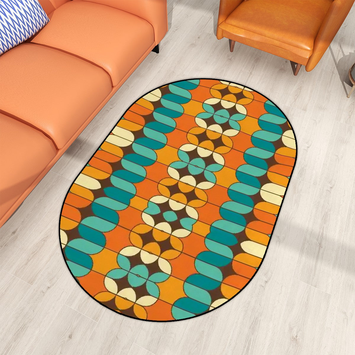 Mid Century Modern Orange Teal Retro Geometric Cool Designed Oval Rug - Mid Century Modern Gal