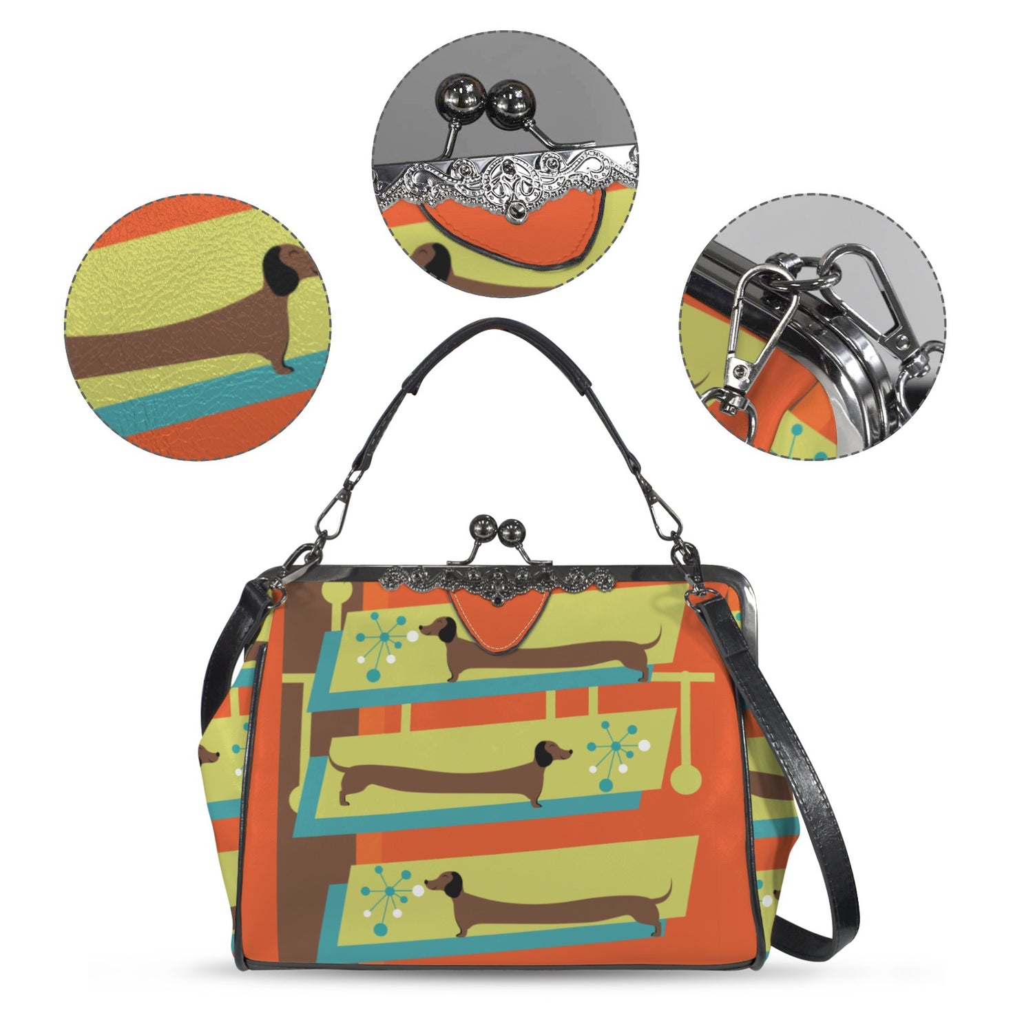 Mid Century Modern Doxie Weiner Dog Lover Retro Orange Kisslock Crossbody Purse - Mid Century Modern Gal