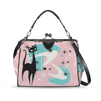 Atomic Pink Aqua Boomerang Kitschy Cat Mod Kisslock Crossbody Purse - Mid Century Modern Gal