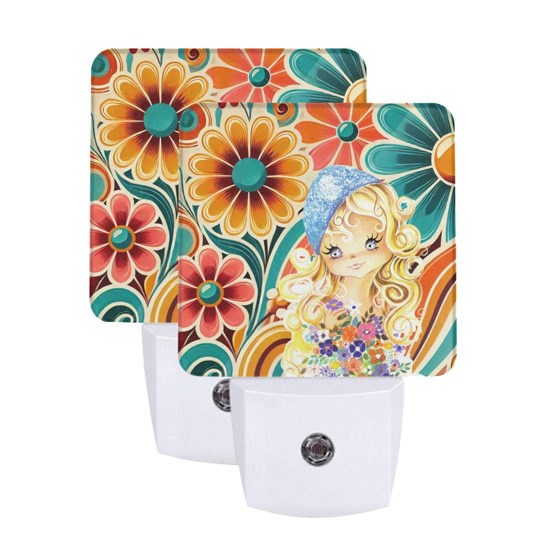 Retro 70s Flower Power Big Eyed Girl LED Night Light Set of 2 - Mid Century Modern Gal