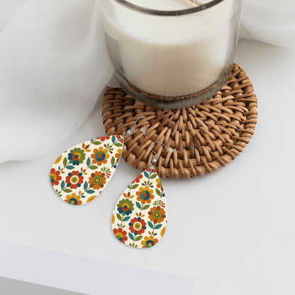 Mid Century Modern Scandinavian Floral Earth Tones  Vegan Leather Teardrop Earrings - Mid Century Modern Gal