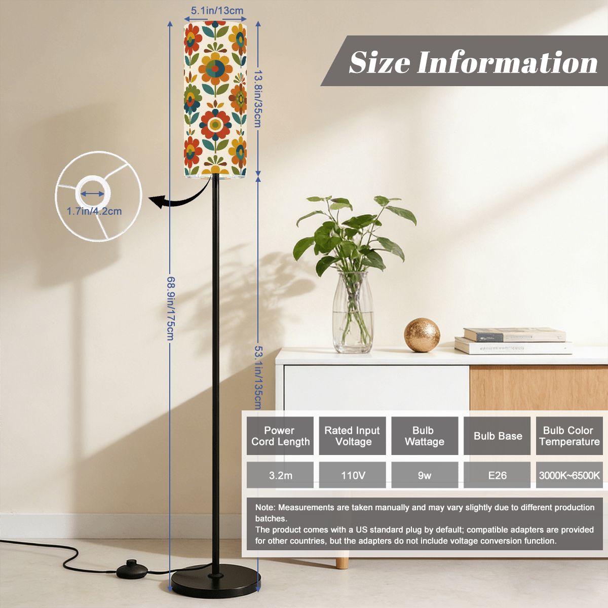 Mid Century Modern Scandinavian Floral Earth Tones Slim Floor Lamp