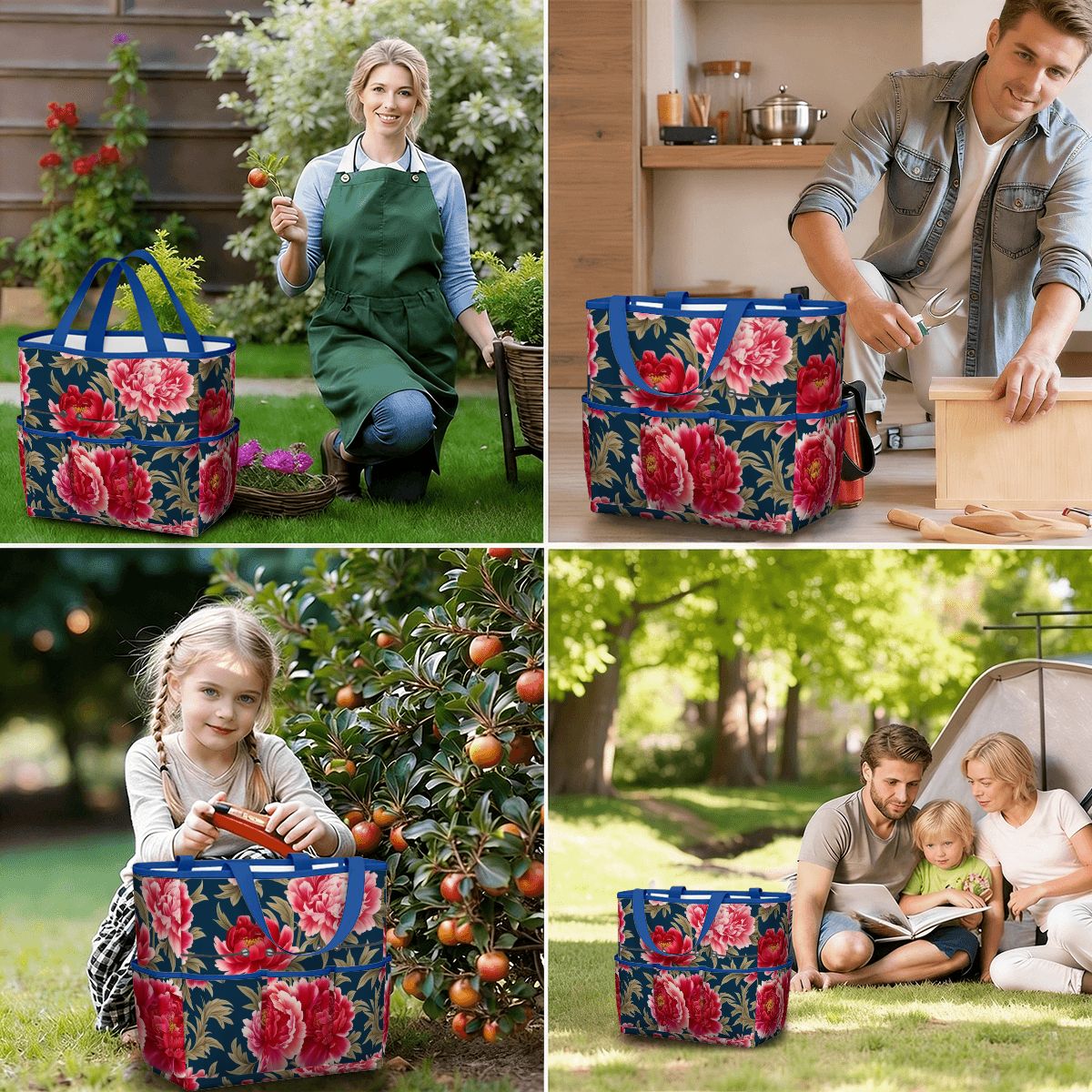 Modern Chinoiserie Royal Blue, Pink Red Floral Garden Tool Bag
