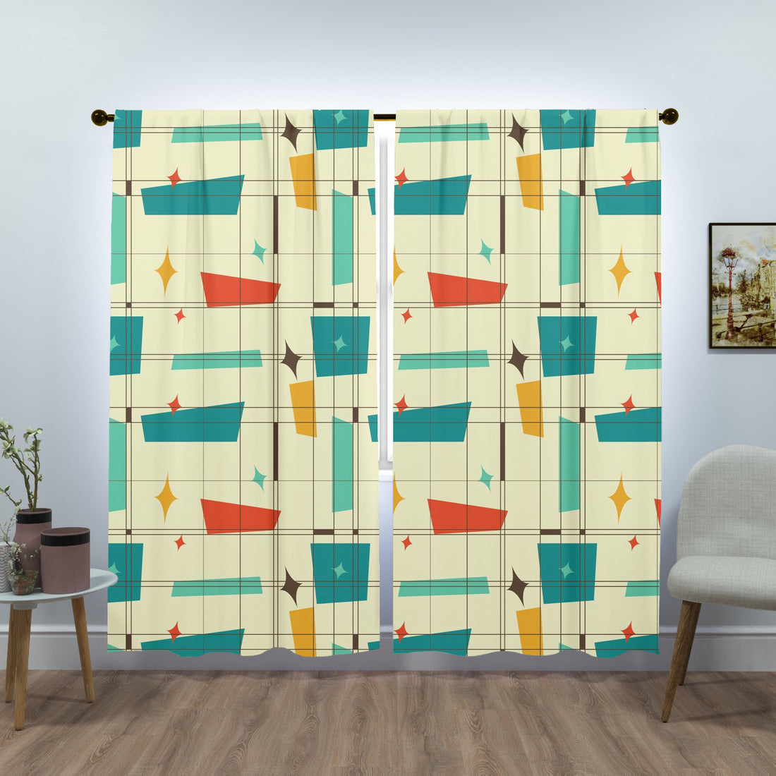 Mid Century Modern Fun And Funky Geometric Retro Window Curtains (two panels) - Mid Century Modern Gal