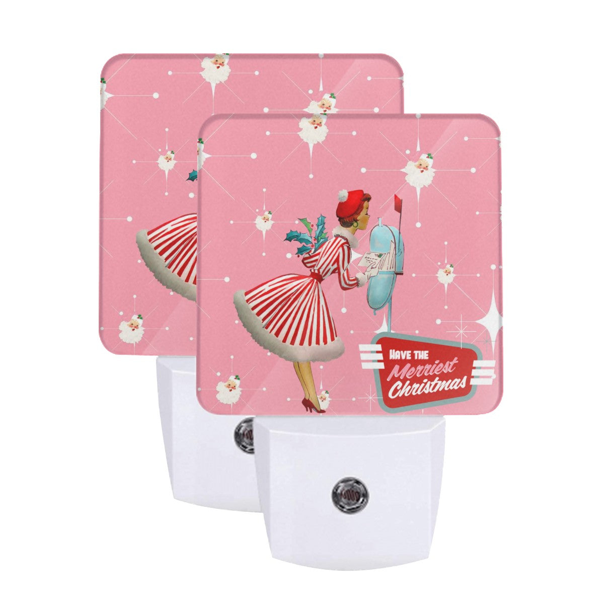 Mid Century Modern Christmas Old Timey Santa Mod Gal Merriest Christmas Retro LED Night Light Set of 2 - Mid Century Modern Gal
