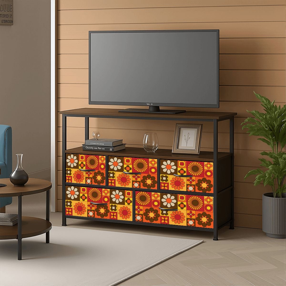 Retro 70s Mod Floral Orange Brown Yellow Mid Mod Hip TV Stand Media Console - Mid Century Modern Gal