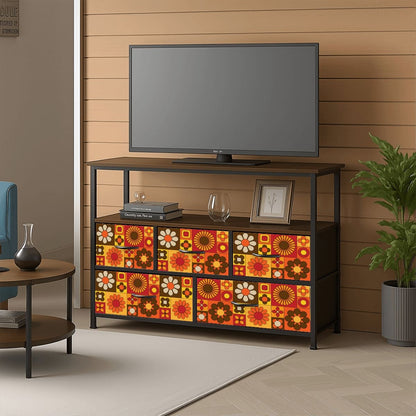 Retro 70s Mod Floral Orange Brown Yellow Mid Mod Hip TV Stand Media Console - Mid Century Modern Gal