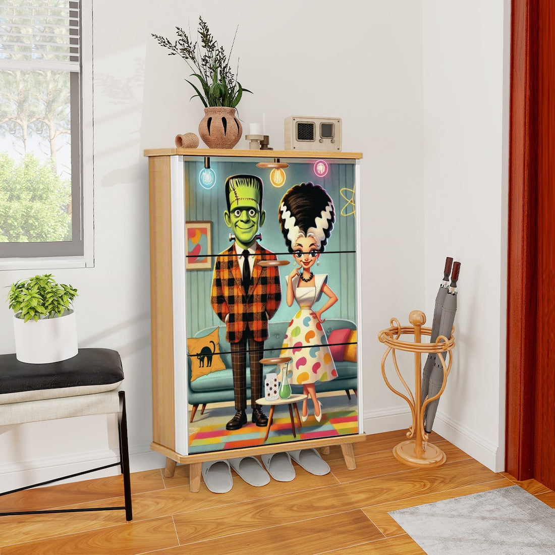 Frankenstien And Bride Of, Mid Centur Modern Kitschy Retro Shoe Cabinet - Mid Century Modern Gal