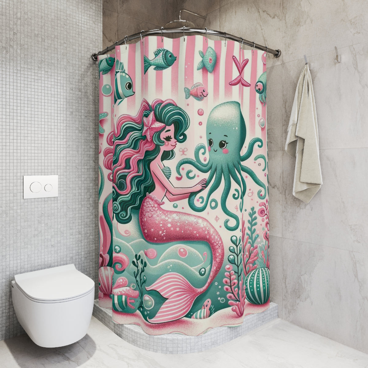 Vintage Mermaid Kitschy 50s Style, Pink, Mint Mid Century Modern Shower Curtains - Mid Century Modern Gal