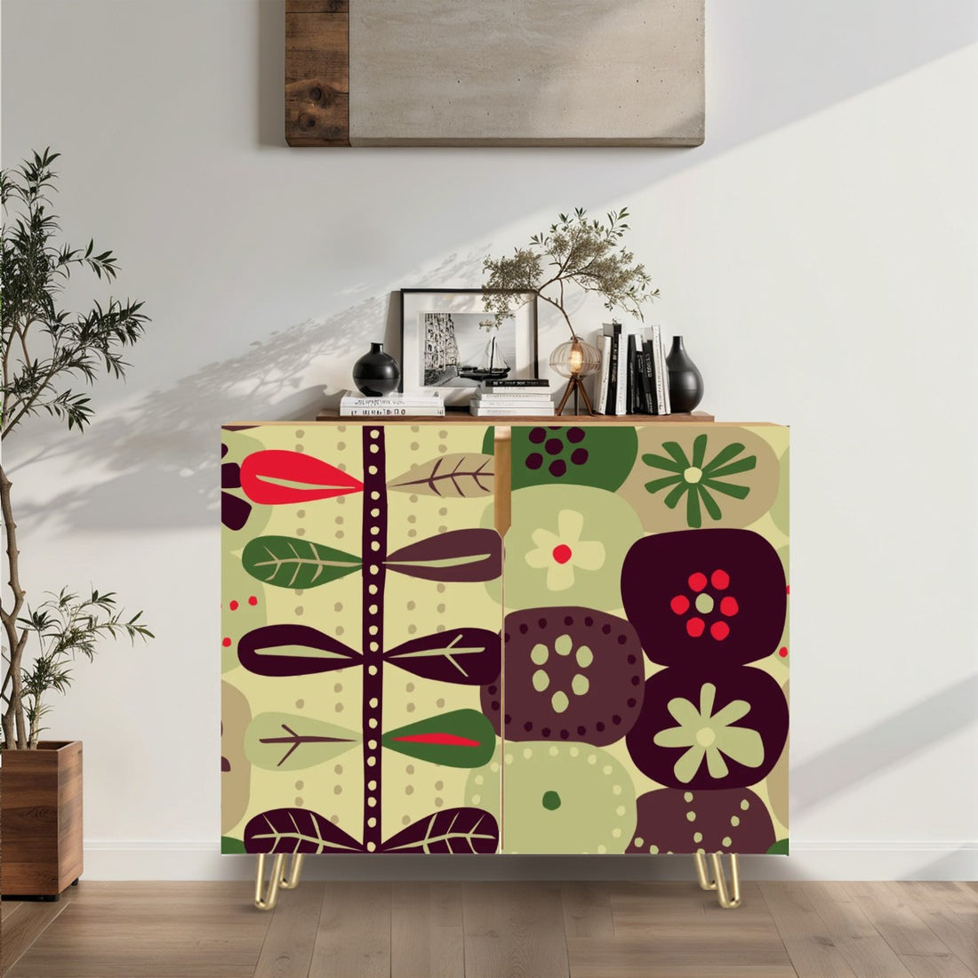 Boho Retro Brown Green Sage Scandinavian Floral Designed Mid Century Modern Wooden Storage Cabinet - Mid Century Modern Gal