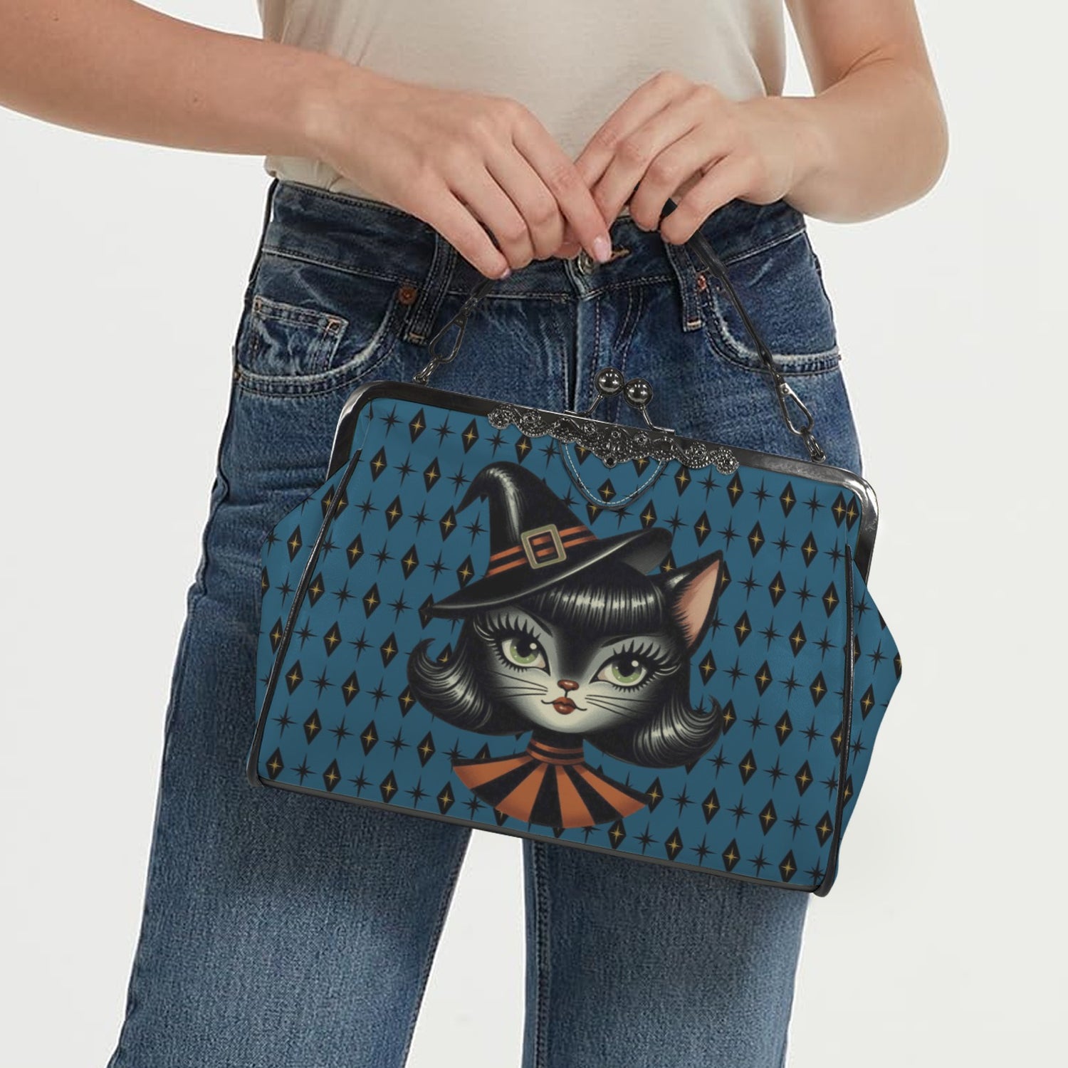Vintage Halloween Black Cat Sexy Sexton Mid Century Modern Blue Kisslock Crossbody Purse - Mid Century Modern Gal