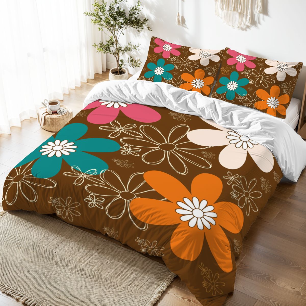 70s Groovy Retro Flower Mod Daisy Brown, Orange Pink Teal Mid Mod Queen Duvet Cover Set - Mid Century Modern Gal