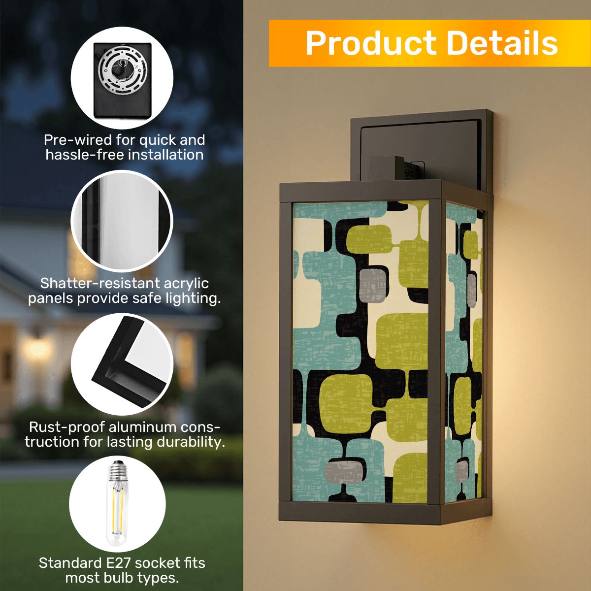 Mid Century Modern Geometric Designed Lime Green, Aqua Blue Gray Retro Patio Wall Light - Mid Century Modern Gal