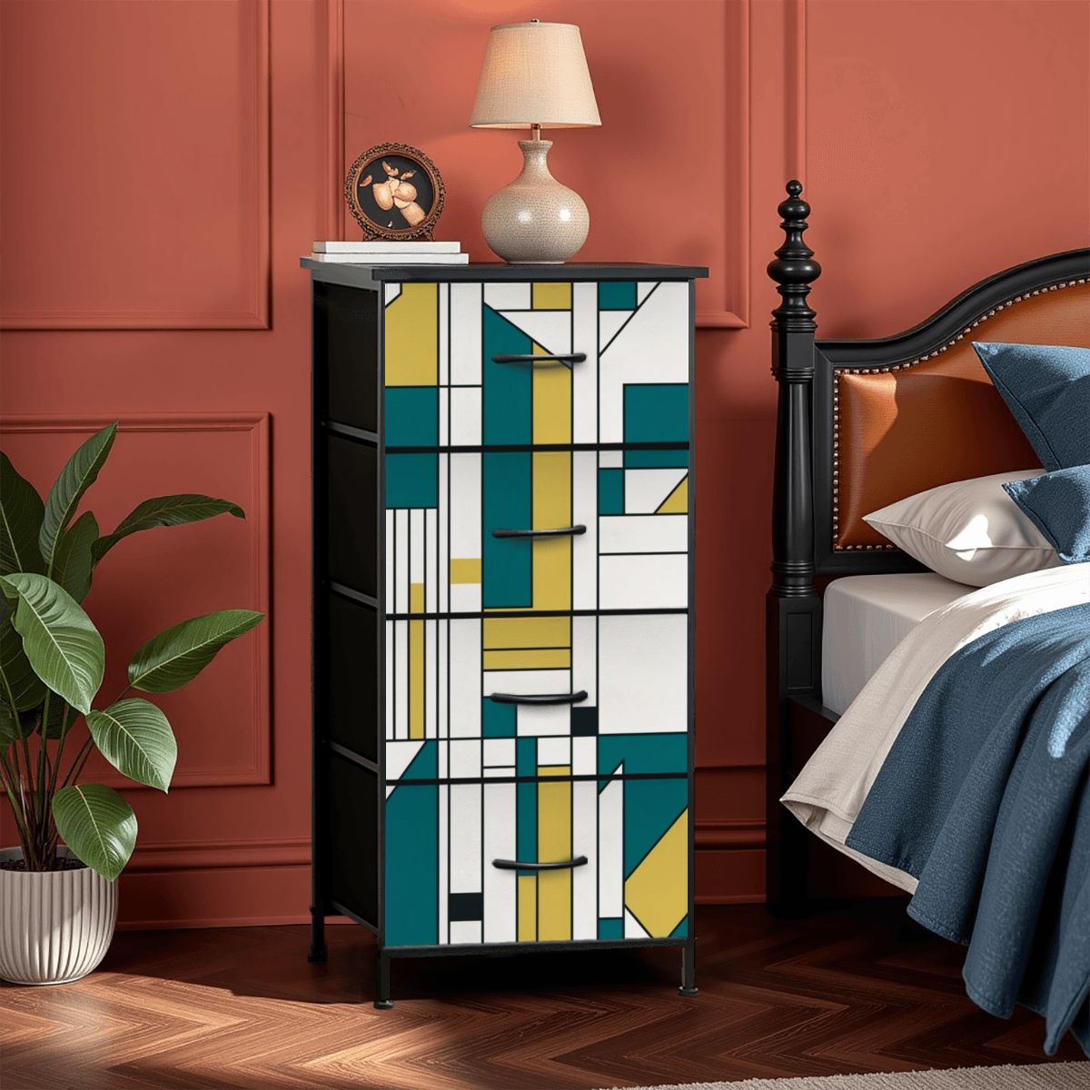 Bauhaus Designed Geometric Green, Teal Mid Century Modern 4-Drawer Dresser - Mid Century Modern Gal