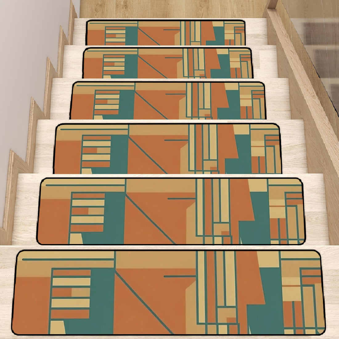 Mid Century Modern Bauhaus Designed Camel Brown Orange Teal Non Slip Carpet for Stairs Treads - Mid Century Modern Gal