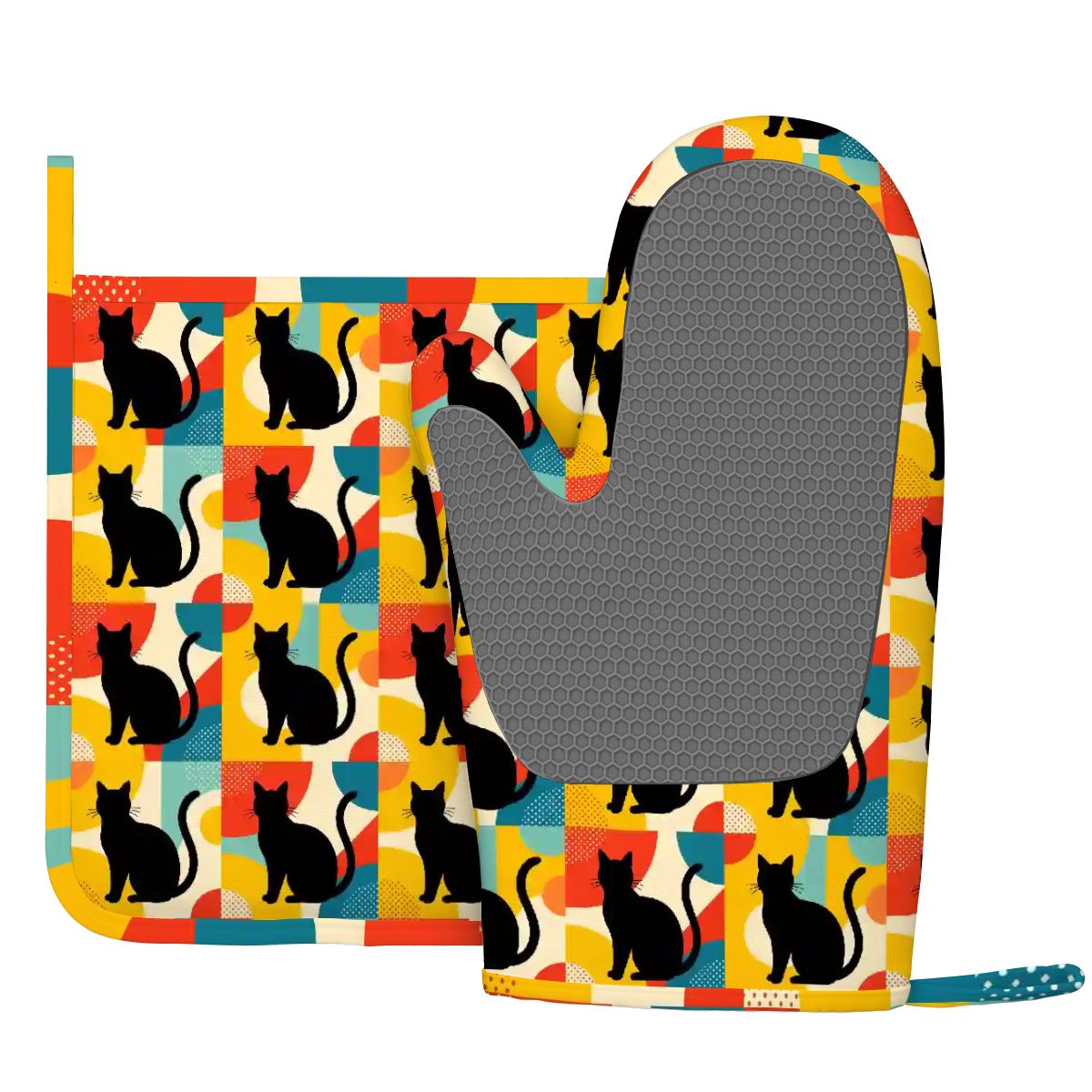 Pop Art Black Atomic Cats, Red Blue Yellow, Silicone Oven Mitts and Pot Holders Set (Left Hand) - Mid Century Modern Gal