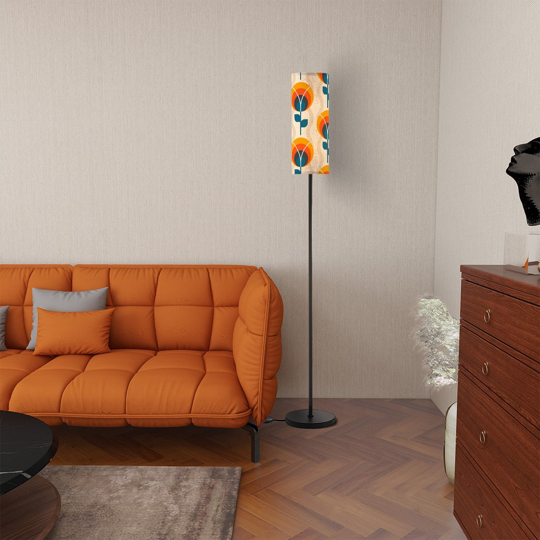 Mid Century Modern Scandinavian Flower, Orange Blue MCM Slim Floor Lamp - Mid Century Modern Gal