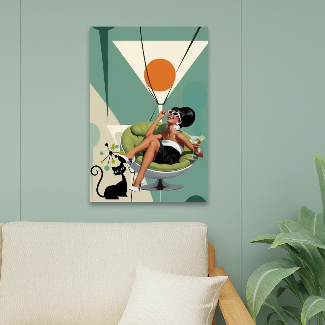 Mid Century Modern Atomic Cat Martini Hour, Funk Kitschy MCM Canvas Wall Art - Mid Century Modern Gal