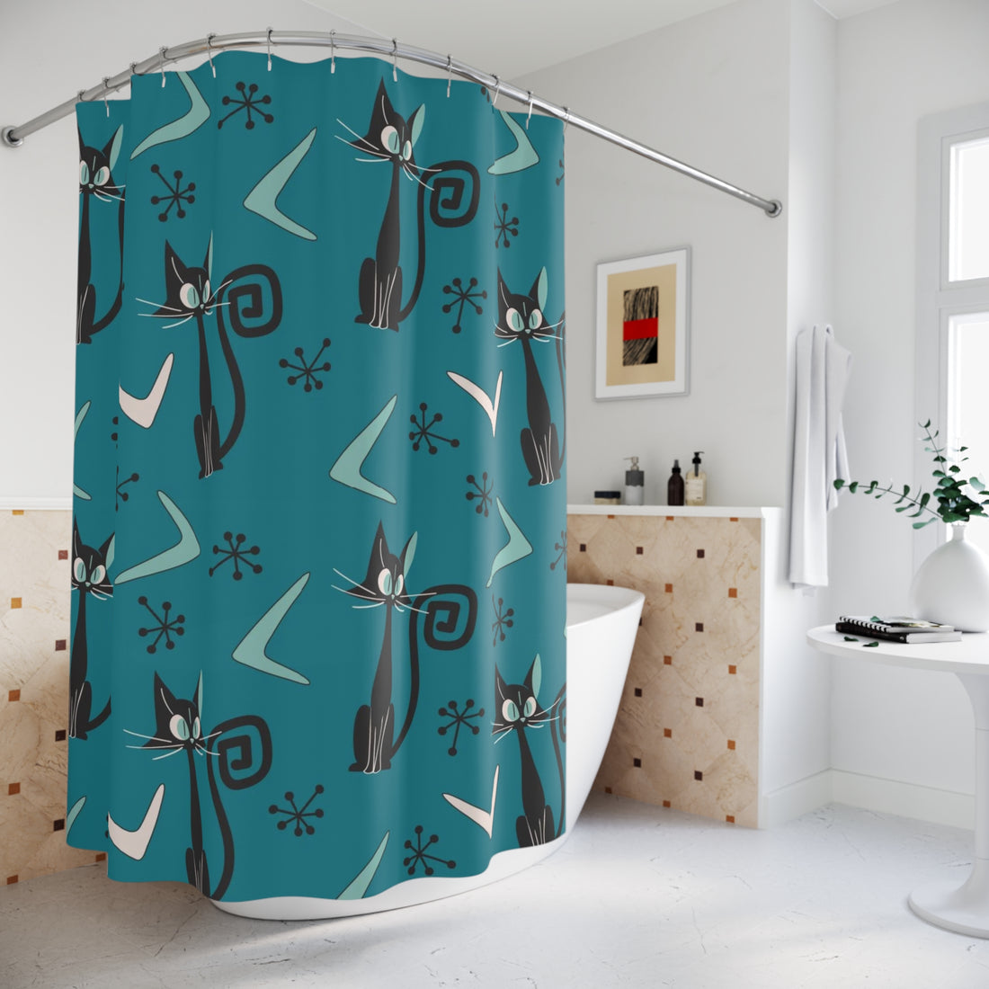 Atomic Cat, Teal Mid Century Modern Bathroom Shower Curtain - Mid Century Modern Gal