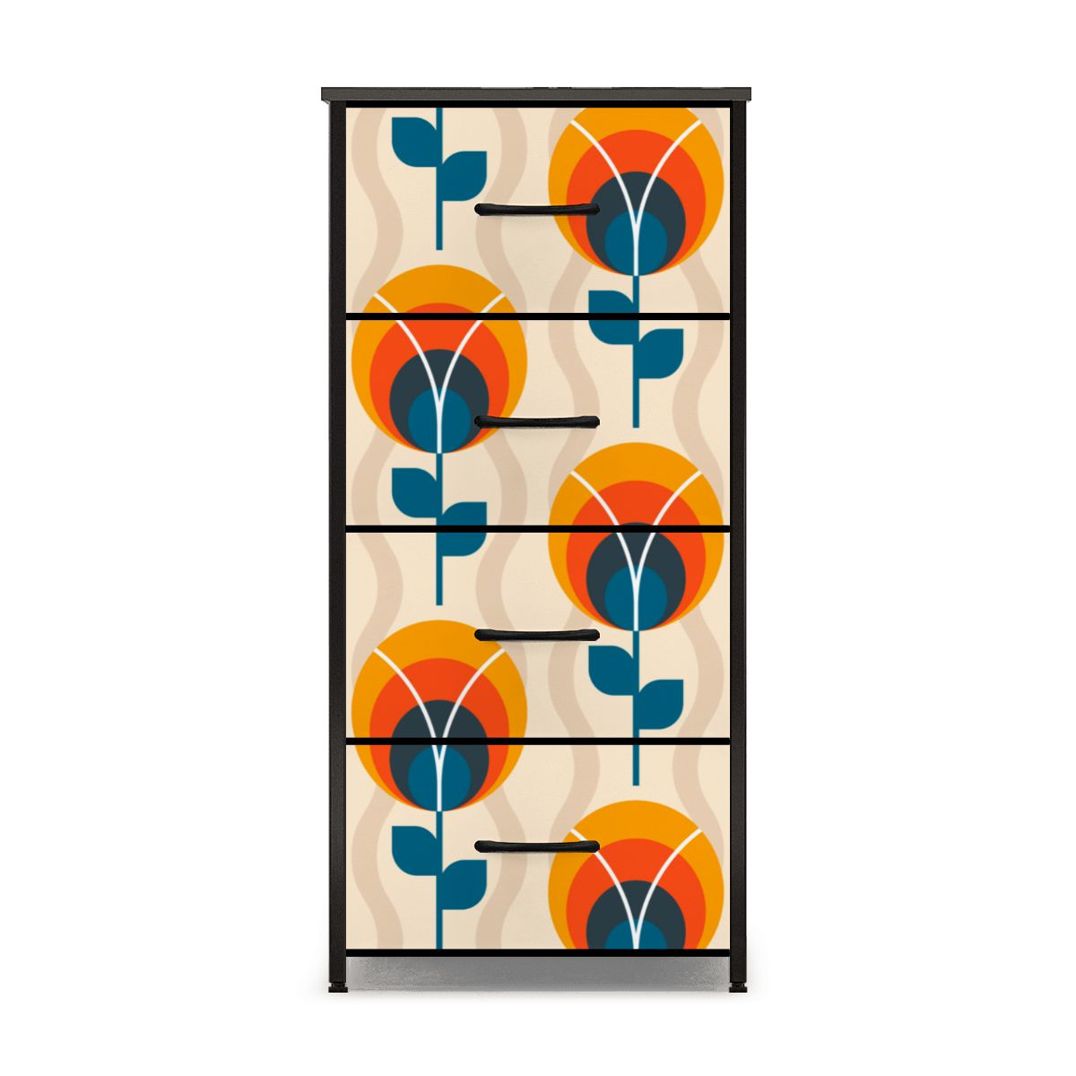 Scandinavian Designed Mid Century Modern Orange Blue Floral Design 4-Drawer Dresser - Mid Century Modern Gal