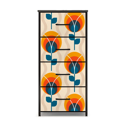 Scandinavian Designed Mid Century Modern Orange Blue Floral Design 4-Drawer Dresser - Mid Century Modern Gal