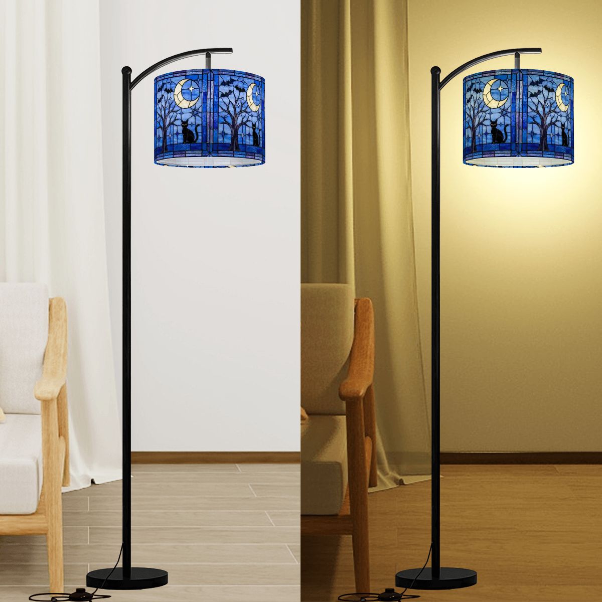 Halloween Stained Glass Style Night Sky Black Cat Lamp SHADE ONLY - For Arc Floor Lamps Only