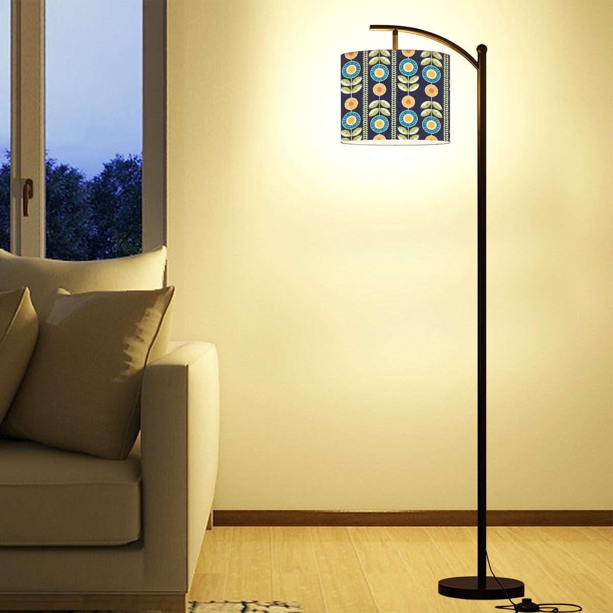 Modern Scandinavian Flower Blue, Orange Yellow Green Mid Century Modern Arc Floor Lamp - Mid Century Modern Gal
