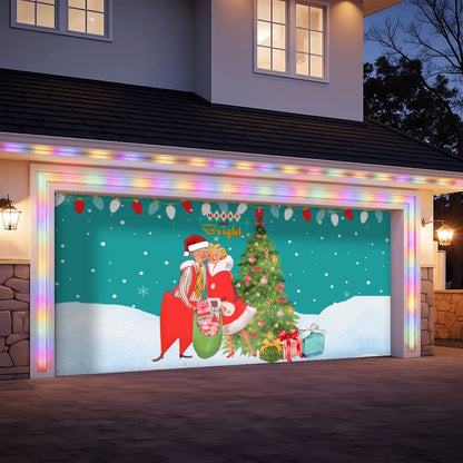 Mid Century Modern Merry and Bright Christmas Tree Garage Door Banner Backdrop - Mid Century Modern Gal