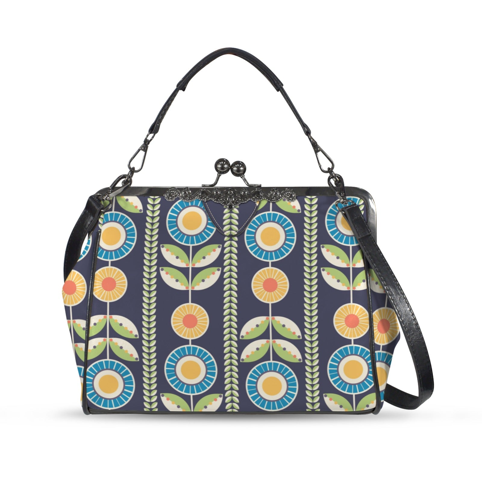 Modern Scandinavian Flower Blue, Orange, Yellow, Green Mid Century Modern Kisslock Crossbody Purse - Mid Century Modern Gal