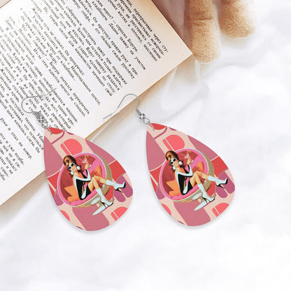 Mod 60s Gal Atomic Cocktail Hour, Pink Retro Faux Leather Teardrop Earrings - Mid Century Modern Gal