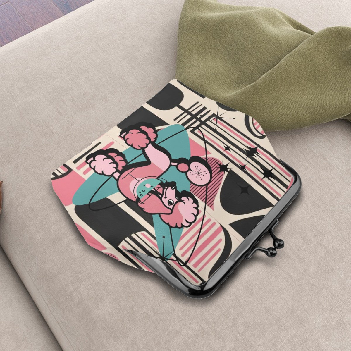 50s Poodle Kitschy Mod Black, Pink Atomic Boomerang Coin Purse - Mid Century Modern Gal