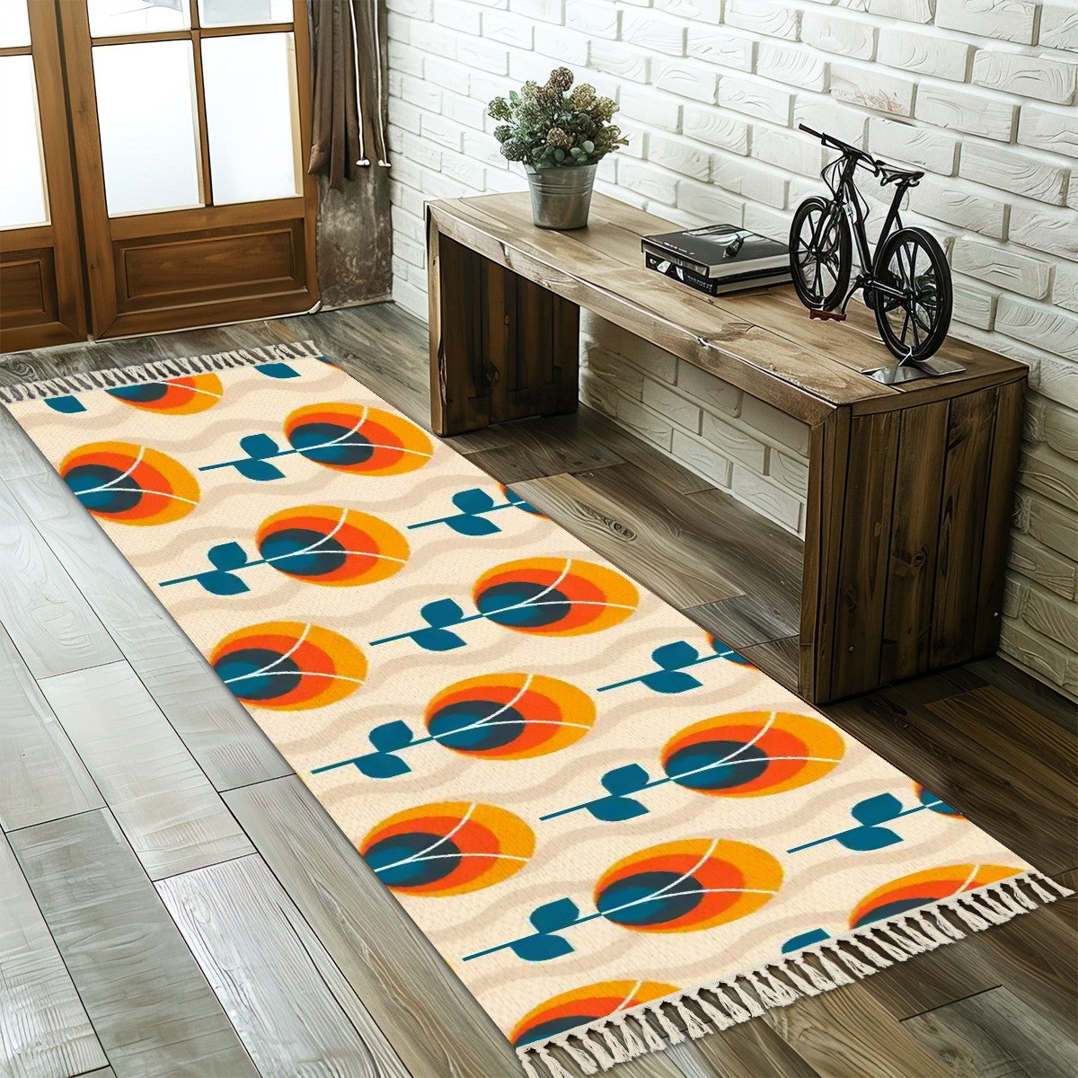 Mid Century Modern Floral Scandinavain Flower Orange Blue Rug Runner