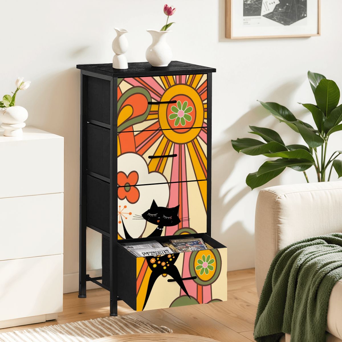 Retro Groovy 70s Sunshine Mid Mod Hippie Vibes and Atomic Cat 4-Drawer Dresser - Mid Century Modern Gal