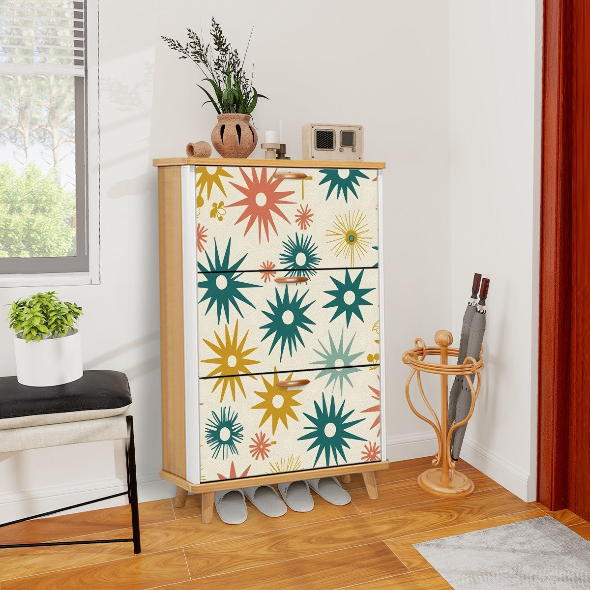 Atomic Starbursts Mid Century Modern Retro Shoe Cabinet - Mid Century Modern Gal