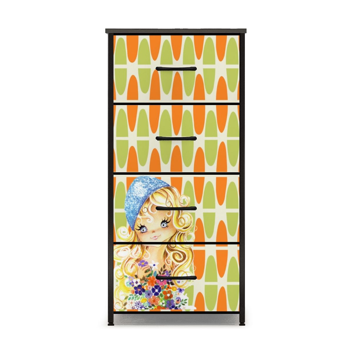 Retro 60s 70s Big Eyed Girl Mid Mod Orange Green Mid Century Modern 4-Drawer Dresser - Mid Century Modern Gal