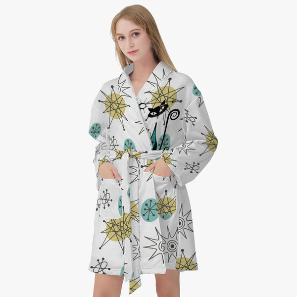 Mid Century Modern White Franciscan Diamond Atomic Cat Cozy Soft Bathrobe
