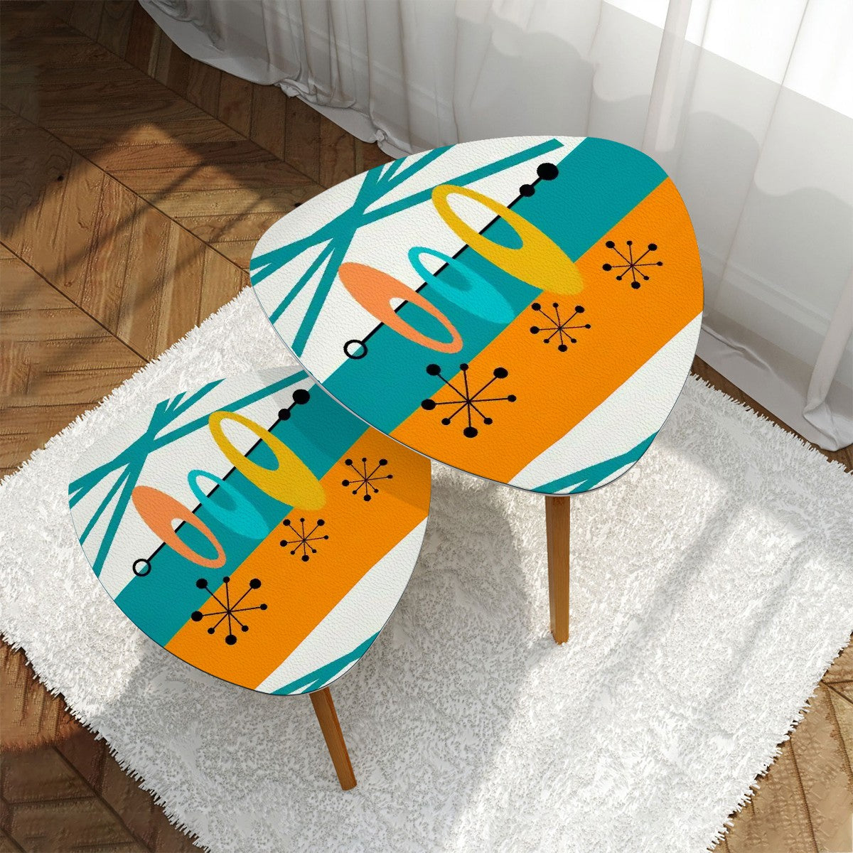 Atomic 50s Mid Century Modern Nesting Tables, Starburst, Geometric Orange Teal Design - Mid Century Modern Gal