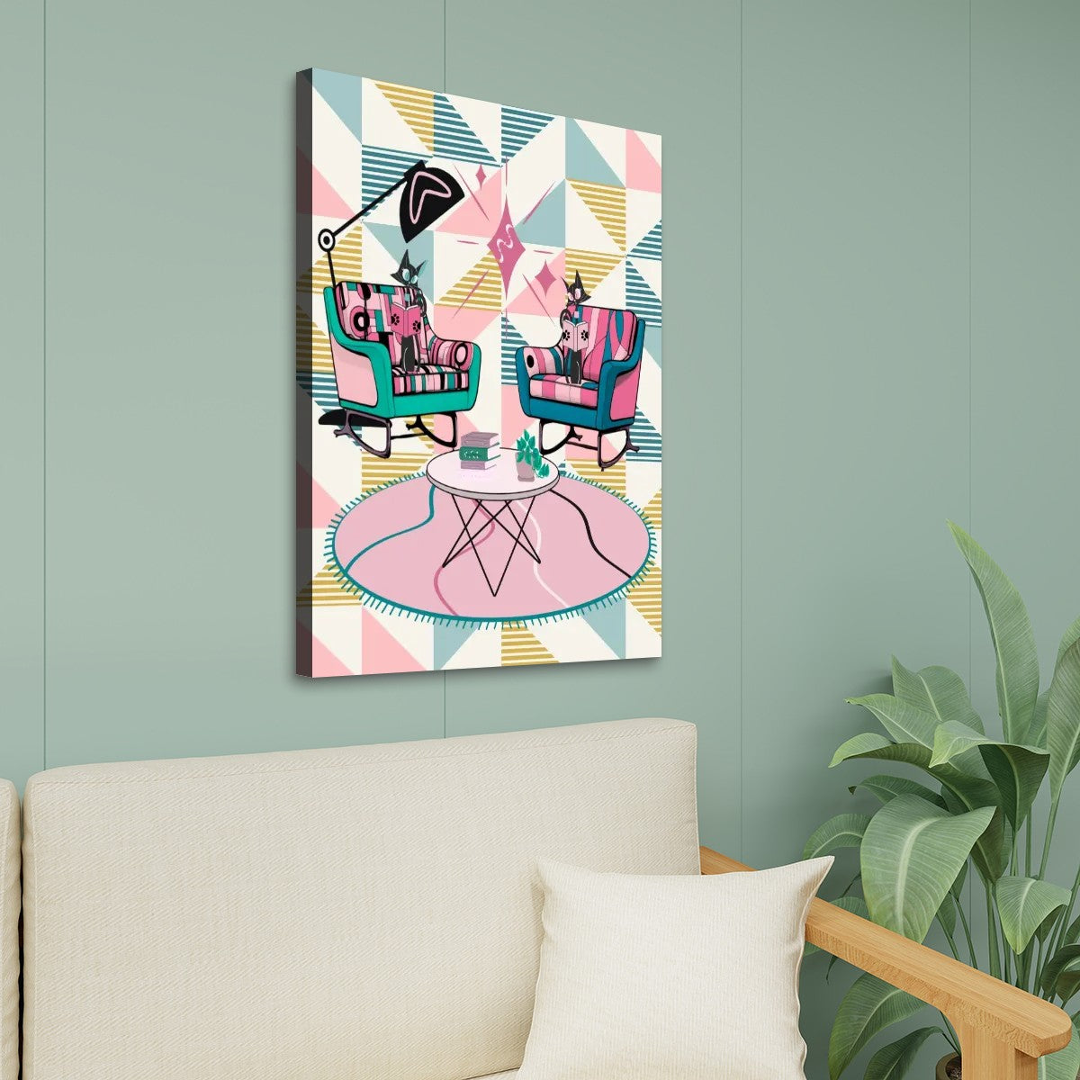 Atomic Reading Cats, Mid Century Modern Pink, Blue, Yellow Geometric Kitsch Canvas Print MCM Wall Art - Mid Century Modern Gal