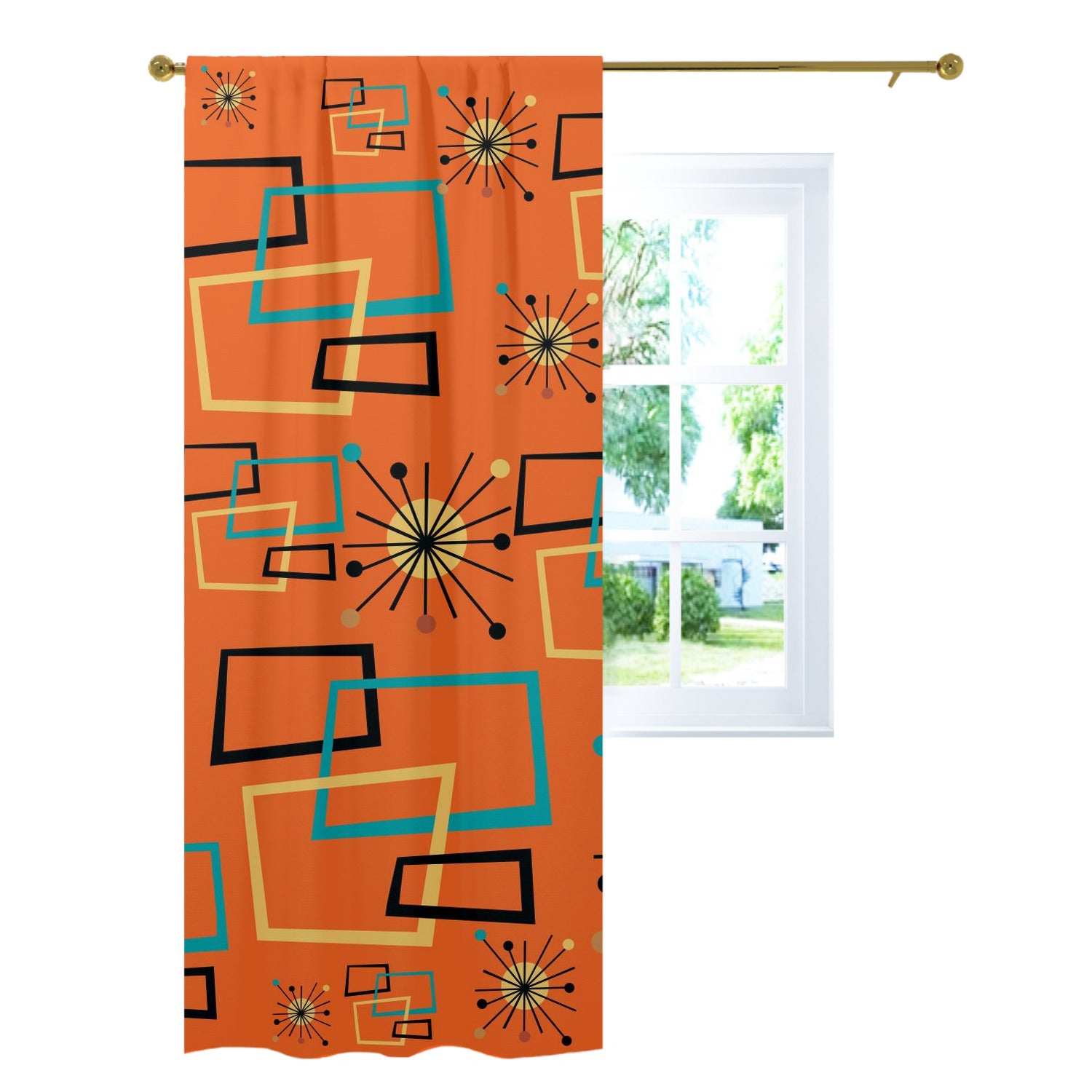 Mid Century Modern Atomic Starburst Orange Curtain, Single Panel - Mid Century Modern Gal